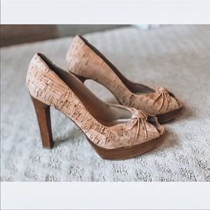 Stuart Weitzman Cork Peep-Toe Platform Pumps